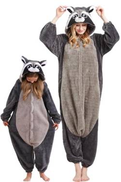 DarkCom Grauer Waschbär Onesie für Kinder und Erwachsene,Eltern-Kind Karneval Schlafanzug Cosplay Halloween Tierkostüm Weihnachten Pyjamas 10-11 Years von DarkCom