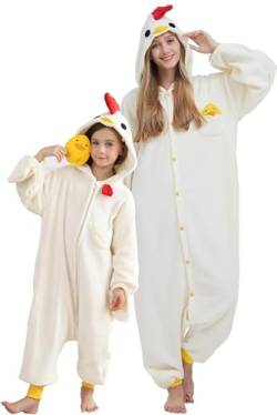 DarkCom Huhn Onesie für Kinder und Erwachsene,Eltern-Kind Karneval Schlafanzug Cosplay Halloween Tierkostüm Weihnachten Pyjamas 8-9 Years von DarkCom