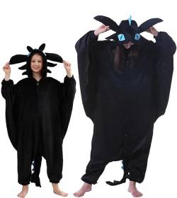 DarkCom Schwarzer Drache Onesie für Kinder und Erwachsene,Eltern-Kind Karneval Schlafanzug Cosplay Halloween Tierkostüm Weihnachten Pyjamas 10-11 Years von DarkCom