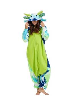 DarkCom Tier Onesie Halloween Cosplay Färberei Grün Axolotl Kostüm Karneval Einteiliger Pyjamas Jumpsuit für Frauen und Männer L von DarkCom