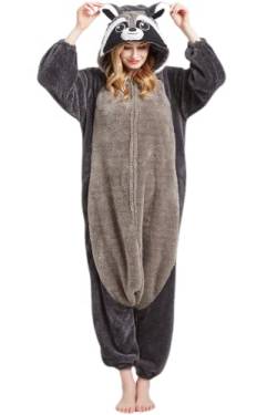 DarkCom Tier Onesie Halloween Cosplay Grau Waschbär Kostüm Karneval Einteiliger Pyjamas Overall für Frauen und Männer L von DarkCom