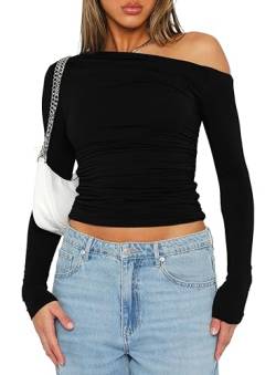 Darong Damen Casual Langarm U-Boot-Ausschnitt Schulterfrei Slim Fit Crop Top Ausgehen Blusen Y2K Enge Shirts, Schwarz, Groß von Darong