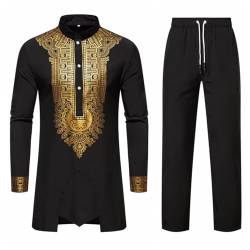 Darringls Afrikanisches Herren-Outfit, Langarm-Dashiki mit goldfarbenem Druck Herrenanzüge Goldstickerei Hemd und Hose Set Outfits Traditioneller Tribal Kleidung von Darringls