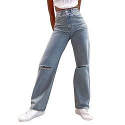 Darringls Damen Stretch Jeans mit Hoher Taille Weites Bein Hose Vintage Loose Straight Leg Denim Outdoor Stretch Bequeme Sporthose Hose Streetwear Pants Teenager Mädchen Jeans von Darringls