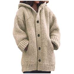 Darringls Strickjacke Damen Cardigan Grobstrick mit Kapuze Dicker Warm Wintermantel Vintage Knopf Zopfmuster gefüttert Outwear Herbst Winter Gestrickt Winterjacke Strickmantel von Darringls