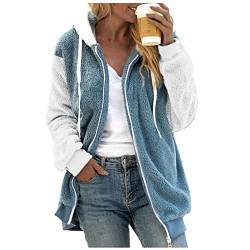 Darringls Teddyfleece Jacke Damen Outdoor, Plüschjacke Damen mit Kapuze Flauschig Teddy Fleecejacke für Winter Farbblock Patchwork Comfy Übergangsjacke Übergroße Flauschjacke Warm Mantel von Darringls