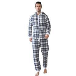 Overall Schlafanzug Herren, Lang Kariert Fleece Jumpsuit Pyjama,Männer Langen Ärmeln Reißverschluss Mit Kapuze Onesie Einteiler,Winter Warm Flauschig Romper Nachtwäsche von Darringls