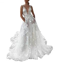 Dasongff Brautkleider Hochzeitskleider A Linie Damen Tiefes V-Ausschnitt Lang Weiß Brautkleider Elegant Spitze Brautmode Rückenfrei Abiball Prinzessin Kleider Abendkleider Hochzeit Cocktailkleider von Dasongff