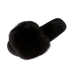 Dasongff Damen Fluffy Hausschuh Faux fur Slippers Pantoffeln Slides Plüsch Flauschige Fell Schlappen Flache Hausschuhe Sandalen Slipper Kunstfell Schlappen plusch Fellhausschuhe Schwarz/Grau/Rosa von Dasongff