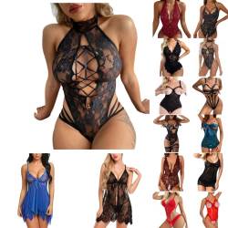 Dasongff Damen Sexy Reizwäsche Spitze Negligee Transparente Unterwäsche V-Ausschnitt Babydoll Lingerie Negligee Nachtwäsche Dessous Set 2 Stück BH und Höschen Set mit G-String von Dasongff