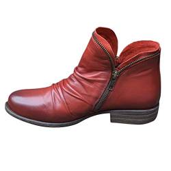 Dasongff Damen Stiefeletten Ankle Boots mit Absatz Falten PU Chelsea Booties Modisch Ankle Boots Schuhe Runder Stiefel Damenstiefel Reißverschluss Kurzstiefel (rot, 40) von Dasongff