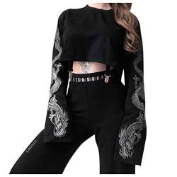 Dasongff Gothic Punk T-Shirt Damen Langarm Rollkragen Crop Tops Basic Shirts Frühling Herbst T-Shirt Bluse Drucken Langarm Bauchfreier Pullover Pulli von Dasongff