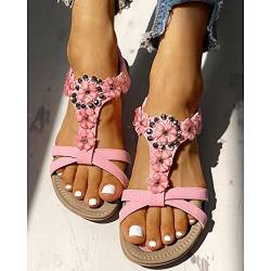 Dasongff Sandalen Damen Sommer Blumen-Perlen Riemchenpumps Slipper Elegante Sommerschuhe Bohemian Römersandalen Flache Flip Flops Pantoletten Sandaletten von Dasongff