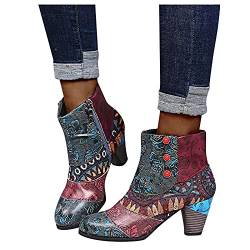 Dasongff Stiefeletten mit Absatz Damen Kurze Stiefel Frauen Warme Rutschfest Schlupfstiefel Retro Bunte Patchwork Blumen Vintage Stiefeletten Kurzstiefel 2022 Sommerstiefel Schuhe Party Schuhe von Dasongff