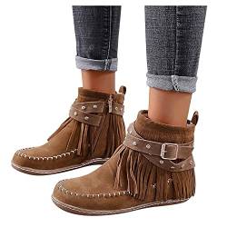 Fransen Stiefel Damen Stiefeletten Veloursleder Niedrige Absätze Rom Vintage Plateau Ankle Boots Knöchelstiefel Winter Schlupfstiefel Schuhe Casual Round Toe Retro Short Ankle Flat Schuhe mit Schnalle von Dasongff