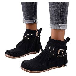 Fransen Stiefel Damen Stiefeletten Veloursleder Niedrige Absätze Rom Vintage Plateau Ankle Boots Knöchelstiefel Winter Schlupfstiefel Schuhe Casual Round Toe Retro Short Ankle Flat Schuhe mit Schnalle von Dasongff