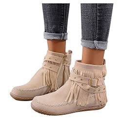 Fransen Stiefel Damen Stiefeletten Veloursleder Niedrige Absätze Rom Vintage Plateau Ankle Boots Knöchelstiefel Winter Schlupfstiefel Schuhe Casual Round Toe Retro Short Ankle Flat Schuhe mit Schnalle von Dasongff