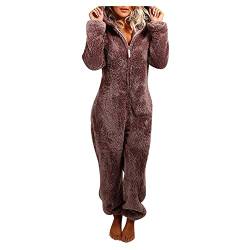 Jumpsuit Teddy Fleece Damen Schlafanzug Weihnachts Strampler Einteiler Overall Anzug Flauschig Kapuze One Piece Pyjama Winter Warm Langarm Hoodie Schlafoveralls mit Reißverschluss Onesie Hausanzug von Dasongff