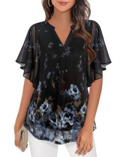 Damen Bluse Elegant Kurzarm Festlich Damenoberteile Leger Modern Tunika Bluse Damen Sommer Lang Blusenshirt Damen Schwarz Shirt Sommer Locker V-Ausschnitt Feierliche Weite Bluse mit Rüschenärmel von Datuhao