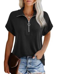 Datuhao Bluse Damen Sommer Elegant Kurzarm Schwarz Sommerbluse Damen Leicht und Luftig Lockeres Shirt Damen Sommer Oberteile Damen Weit Stretch Funktionsbluse Extended Shoulder Shirt mit Kragen,XL von Datuhao