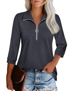 Datuhao Blusenshirt Damen 3/4 Arm Elegant Oberteil Business Shirt Bügelfrei Damen T-Shirt und Blusen mit 3/4 Ärmel Shirt Damen Helf Zipper Arbeitsbluse Damen Grau Damenblusen Langarm mit Kragen von Datuhao