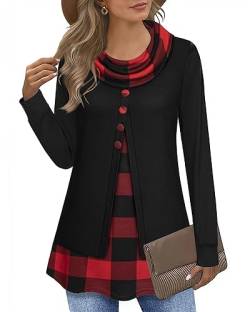 Datuhao Damen Shirt mit Schalkragen,Langarm Tunika Pullover Damen Festlich Lässige Pullover Damen Hoodie für Leggings,Lange Pullover für Damen Warm Herbstmode Damen 2022 Schwarz Rot Kariert,XL von Datuhao