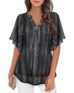 Longbluse Damen Sommer Elegant Kurzarm Shirt Damen Lang Sommeroberteil Leicht Elegant Frauen Kleidung Modern Stylische Trendy Fashion Rüschen Bluse A-Form in A-Linien Damen Tunika mit Blumenmuster von Datuhao