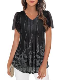 Longbluse Damen Sommer Schwarz Lässige Oberteile Damen Shirt Festliche Tunika Hochzeit Damen Kurzärmelig Bluse Elegant für Abend Sommerblusen Damen Locker Lang Damenoberteile Modern Sommer Leger von Datuhao