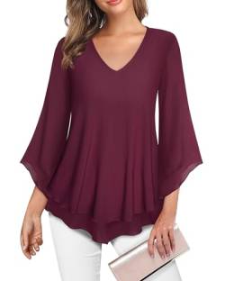 Oberteile Damen Elegant Hochzeit Shirt Damen 3/4 Arm Blusen Frühling Damen Mode Tunika Festlich Damen Festival Feminine Bluse Burgundy Blouse Women Casual A-Form Raffiniert Bluse Breite Ärmel,M von Datuhao