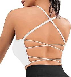 Damen Sport BH Gepolstert Crossback Fitness Yoga Sports Bra Spaghettiträger Rücken Verkreuzt Gerippt Bustier Ohne Bügel Abnehmbaren Gym BH Sportbekleidung White S von Davicher