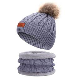 Davicher Baby Mütze Halstuch Set Winter Verdicken Warme Strickmütze Winter Schalmütze mit Bommel Beanie Cap Mütze Schal Sets Kinder Wintermütze für 1-8 Jahre grau von Davicher