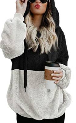 Davicher Damen Kapuzenpullover Hoodie Teddy-Fleece Pullover Übergroßer Herbst Winter Warm Oberteil Langarm Casual Sweatshirt mit Taschen Winter Warme Oberbekleidung Schwarz-Weiss M von Davicher