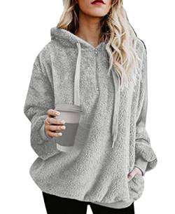 Davicher Damen Kapuzenpullover Hoodie Teddy-Fleece Pullover Übergroßer Herbst Winter Warm Oberteil Langarm Casual Sweatshirt mit Taschen Winter Warme Oberbekleidung hellgrau L von Davicher