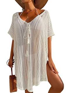 Strandkleid Damen Gestrickte Strandurlaub Badeanzug Bikini Cover Up Sommerkleid Sommer V-Ausschnitt Strandkleider Cover-Ups Top Shirt Beachwear Strandponcho von Davicher