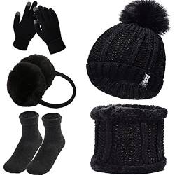 Winter Beanie Mütze Schal Set 3/5 PCS Winter Set Warme Strickmütze Schal Plüsch Ohrenwärmer Ohrenschützer mit Touchscreen Handschuhe Winter Thermosocken Set für Outdoor Sport von Davicher