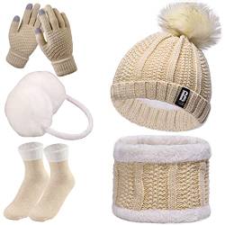 Winter Beanie Mütze Schal Set 3/5 PCS Winter Set Warme Strickmütze Schal Plüsch Ohrenwärmer Ohrenschützer mit Touchscreen Handschuhe Winter Thermosocken Set für Outdoor Sport von Davicher