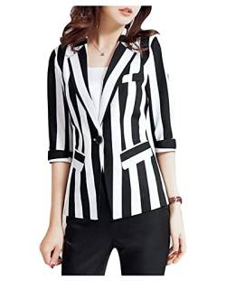 Damen Schwarz Weiß Streifen Blazer Reverskragen Falsch Tasche Jacke 3/4 Arm Blazer Eine Taste Lässig Anzug von Dawwoti