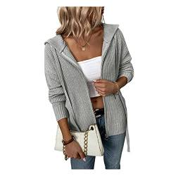 Dawwoti Damen Einfarbig Pullover Strickjacken Langarm Kapuze Gestrickt Tops Reißverschluss Cardigan Geschnitt Mantel von Dawwoti