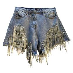 Dawwoti Frauen Denim Shorts High Taille Jeans Perlen Strass Tassel Shorts Zerrissene Slim Fit Hot Pants von Dawwoti