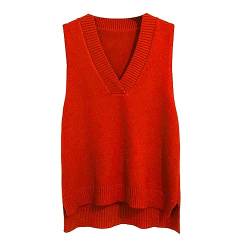 Dawwoti Frauen V Neck Pullover Weste Ärmellose Jumper Sweatshirt Layered Stricken Gilets Weste Top (as3, Alpha, one_Size, Regular, Regular, Rot) von Dawwoti