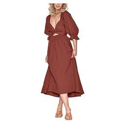 Dawwoti Kleider für Frauen, Gekräuselte 3/4 Laternenhülsenschwungkleid mit Gürtel, Kleider für Party (XL, Rot) von Dawwoti