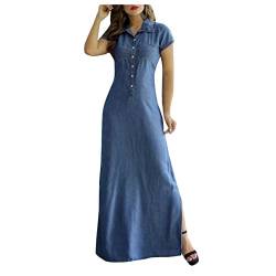 Frauen Denim Maxi Kleider Kurzarmschlitz Hemd Kleid Kleid Color Casual Button Down Kleid von Dawwoti