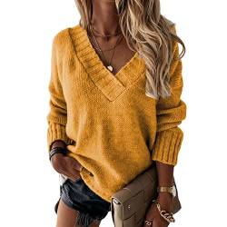 Frauen Herbst Pullover V-Ausschnitt Langarm Pullover Solide Lose Fit Strickwaren Tops von Dawwoti