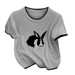 Süße Tops für Frauen Kaninchen Bestickt mit Kurzärärmigem Pullover Lässig Crewneck-t-Shirts von Dawwoti
