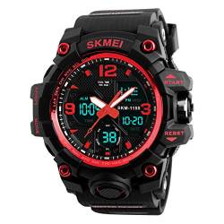 Herren-Armbanduhr, analog, digital, LED, 50 m, wasserdicht, für Outdoor-Sport, Militär, multifunktional, Casual Dual Display, 12 Stunden / 24 Stunden Stoppuhr, Kalender, Armbanduhr schwarz / rot von Dayllon