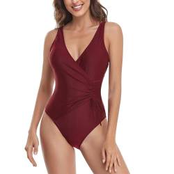 Daysskk Badeanzug Damen Bauchweg Badeanzug Damen Blumen Bademode Damen Push Up Badebekleidung Swimsuit Women Weinrot Urlaub Outfit Damen L von Daysskk