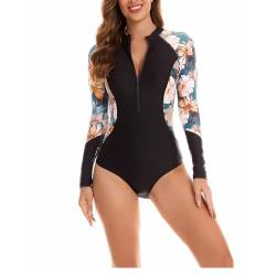 Daysskk Badeanzug Damen One Piece Schwimmanzug Frauen Langarm Bademode Damen Schwarz Badeanzug Damen Einteiler mit Reißverschluss Swimsuits for Women One Piece Push Up L von Daysskk