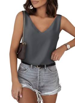 Daysskk Damen Satin Tank Top Elegant Satin Top Damen Grau Damen Tank Top Ärmellose Bluse Sommer Damen Cami Top Elegant V-Ausschnitt M von Daysskk