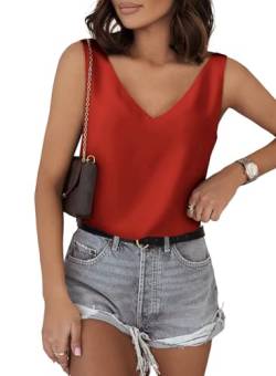 Daysskk Damen Satin Tank Top Elegant Satin Top Damen Rot Damen Tank Top Ärmellose Bluse Sommer Damen Cami Top Elegant V-Ausschnitt M von Daysskk