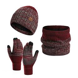 Daysskk Mütze Schal Handschuhe set Damen Warmes Set Wintermütze Beanie Damen Touchscreen Handschuhe Strickmütze Damen Winter Weihnachtsgeschenke für Frauen Weinrot von Daysskk